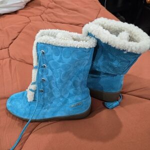 Coach Bright Teal Suede Shearling Lace-Up Boots